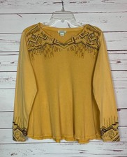 Sundance Women's XL Extra Large Mustard Yellow Embroidered Fall Long Sleeve Top picture
