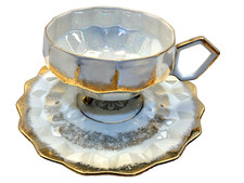 Vtg L&M Royal Halsey Japan Iridescent Lusterware 3 Footed Teacup Saucer Gold picture