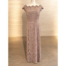 Tadashi Shoji Lace Off Shoulder Gown Taupe Nude Size 16 picture