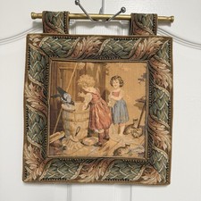 Vintage Metrax Belgium Wall Tapestry Girls Doing Laundry Kittens and Raven W/ROD picture