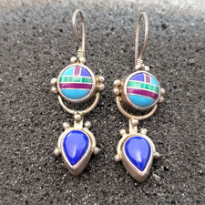 Vintage Sajen Sterling Silver Lapis Lazuli Turquoise Mosaic Dangle Earrings picture