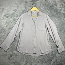 Express The Portofino Shirt Womens Small Gray Pleated Roll Tab Sleeve Button Up picture