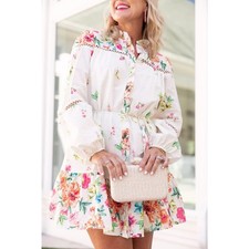 NWT Avara Lilah Floral Long Sleeve Mini Shirt Dress White Multi Women's Size XS picture