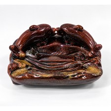 Vintage MCM Dolphin Ashtray Brown Drip Glaze Ceramic Coastal Kitsch Catchall picture