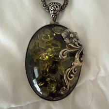 Vintage Large Olive Green Flecked Baltic Earth Amber Sterling Floral Pendant picture