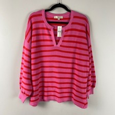 LOFT Striped Textured Split Neck Cotton Sweater Womens XL Pink Red Preppy picture
