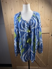 Chicos Tunic Blouse Blue Green Geometric Keyhole Tassels L picture