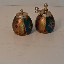Vintage Italian Florentine Wooden Salt Shaker Pepper Mill Set Gold Gilt Blue Red picture