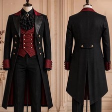 British 3pcs Men's Suit Black &Red Wedding Tuxedo Evening Party Prom Long Coat picture