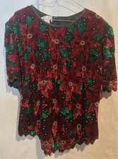 Vintage Laurence Kazar Formal Evening Beaded Poinsettia Christmas top Sz XL 1X picture