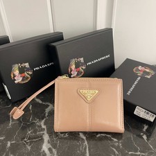 Prada Nude Pink Mini Bifold Wallet Compact Multi‑Card Slots Zipper Coin Purse picture
