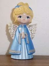 Vintage Big Eye Praying Angel Figurine Blue Silver Wings Blonde 8