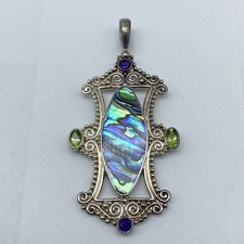 Sajen Sterling Silver 925 Abalone Peridot Amethyst Ornate Scroll Pendant 2.8