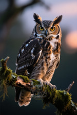 Great Horned Owl Perched Mossy Branch Feather Wall Art 4X6 Art Print picture