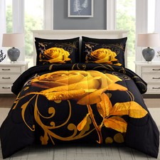 WONGS Floral Gold Black Queen King 7PC Comforter Set Soft Microfiber Bedding​ picture