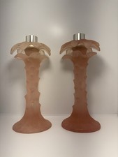 Rare Dorothy C Thorpe MCM Pink Resin Palm Tree Candlesticks Pair 9.5” Labeled picture