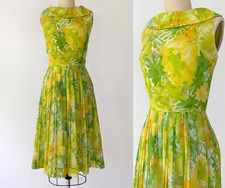 Vtg 1960s Lime Green Sleeveless Floral Pleated Retro Mod Dress by Mr. Bob 60s XS picture