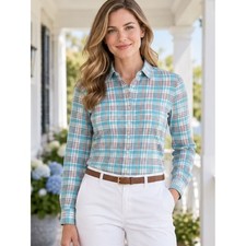 J.Crew Plaid Cotton Button Down Shirt Aqua Coral Long Sleeve Small NWT Coastal picture