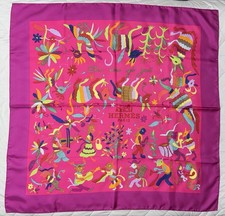 HERMES Silk Scarf Carre 90 Din Tini Ya Zue Fuchsia Pink Box Card Included picture