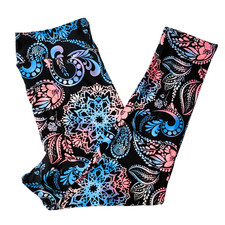 TC2 (sizes 20-26) LuLaRoe Leggings ~ PINK & BLUE FLORAL PAISLEY on BLACK Pattern picture