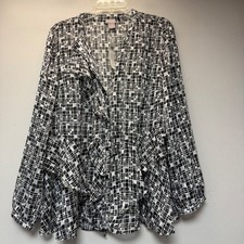 Chico's Ruffle Blouse Womens 2 L Black White Geometric NEW Metallic Burnout Top picture
