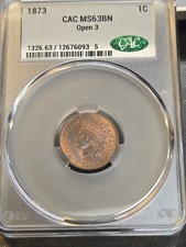 CACG MS63 BN 1873 Open 3 Indian Head Cent Penny 1c BEAUTIFUL LOOKS RB picture
