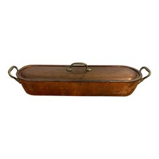 Vintage Hammered Copper Fish Poacher Pan with Lid and Rack Brass Handles picture