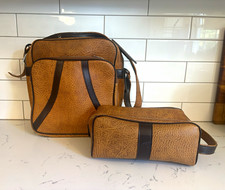 VINTAGE 1970s 2-Piece Faux Leather Luggage Toiletry Set Zipper Closure picture