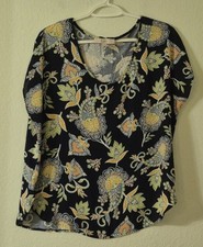 LOFT Navy Floral Paisley V-Neck Blouse with Yellow & Green Accents picture