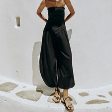 ZARA Midi Strapless Jumpsuit Black Sz S Wide Leg Boho Contemporary Avant Garde picture