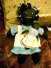 2 ANTIQUE  FOLK  BLACK CLOTH DOLL SET - MOM + CHILD 14