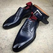 Men's Navy Blue Leather Oxford Shoes, Handmade Brogue Dress Shoes for men's picture