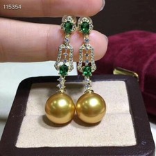 HUGE AAAAA+++++ 10 mm Round Natural South Sea Golden Pearl Earring 925S.. picture
