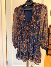 AQUA Women’s S Chiffon Abstract Navy V-Neck Long Puff Sleeve Smocked Ruffle picture