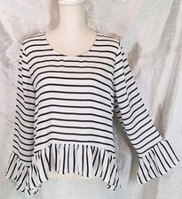 A.N.A. A New Approach SzL Semi-Sheer B&W Striped Ruffle Trim Flare Sleeve Blouse picture