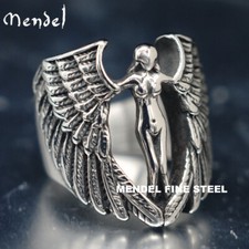 MENDEL Mens Feather MC Biker Angel Wing Ring Stainless Steel Silver Size 7-15 picture