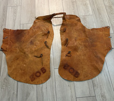 Rare Vintage Cowboy/Ranch Brown Handmade Leather Batwing Marked BOB Chaps picture