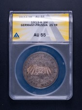 1913-A German Prussia 3 Mark 25 Yr ANACS AU55 RB626 picture