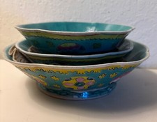 Antique 3 Chinese Scalloped Nyonya Turquoise & Yellows Serving Bowls picture