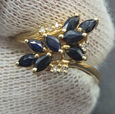Vintage 10k Yellow Gold Ring. Marquise, Deep Blue Sapphire, W/diamond. Sz 6.75 picture