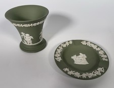 Vintage Wedgwood Green Jasperware Vase & Ashtray Trinket Dish Set picture