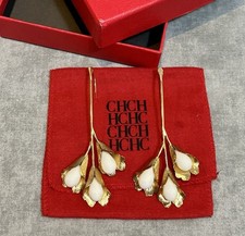 Authentic Carolina Herrera Calla Lily Flower Drop Statement Earrings Gold White picture