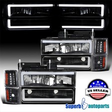 For 1994-1998 Chevy C10 C/K Tahoe Suburban Black Headlights LED w/ Corner+Bumper picture