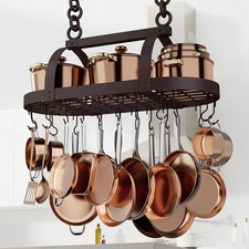 34 Inch Oiled Bronze Hanging Pot Rack, Heavy Duty Oval Pot and Pan Hanging Rack picture