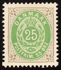 Denmark 1875 25 Øre Grey Green Bicolor Mint Hinged MH AFA 29 Scott 32 picture
