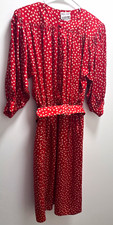 100% Silk Vintage Maggie London Red & Beige Floral Belted Dress Size 6 picture