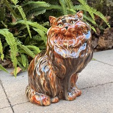 Vtg 1982 MCM Persian Large Caramel Ceramic Cat Green Eyes Sitting Statue 14” picture