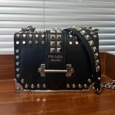 Prada Cahier Black Saffiano Leather Studded Chain Shoulder Small Bag WYSIWYG picture