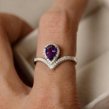 1.50 Ct Pear Cut Real Amethyst & Diamond Engagement Ring 14K Solid White Gold picture