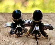 Vintage 1988 Carol Felley Sterling Silver Black Onyx Floral Post Stud Earrings picture